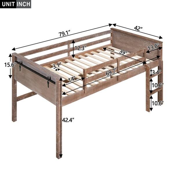 Natural Solid Pine Wood Loft Bed with Hanging Clothes Racks and Full-Length Guardrail