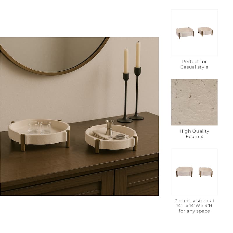 Pottery and Metal Round Accent Tray- Set of 2 - 14", 11", Beige & Gold - 14.0"