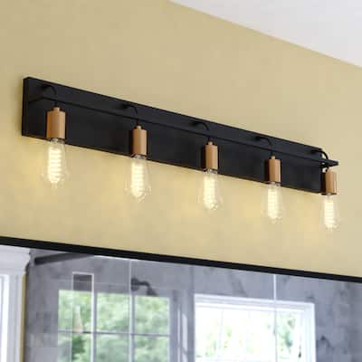 Seward Park 5-Light 36 in. W Black and Satin Brass Gold Bare Bulb Industrial Bathroom Vanity Lighting Fixture, Full Backplate