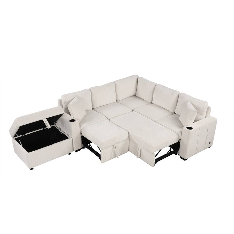 Livingroom Sectional Sofa Convertible Pull-out Sofa Bed, Chenille U-shaped Sofa with Movable Storage Ottoman and 2 Pillows
