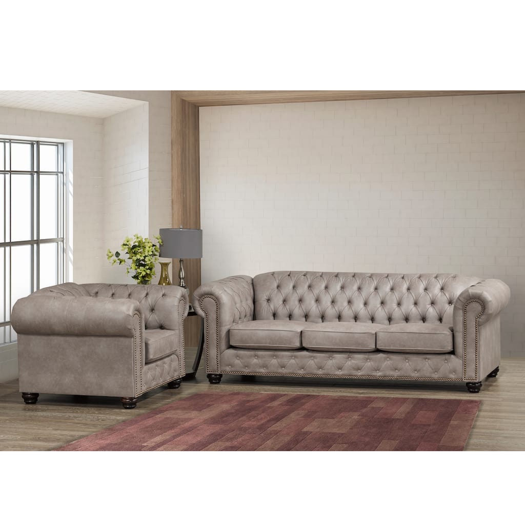 Heston Tufted Light Grey Faux Leather Chesterfield Sofa and Chair Set