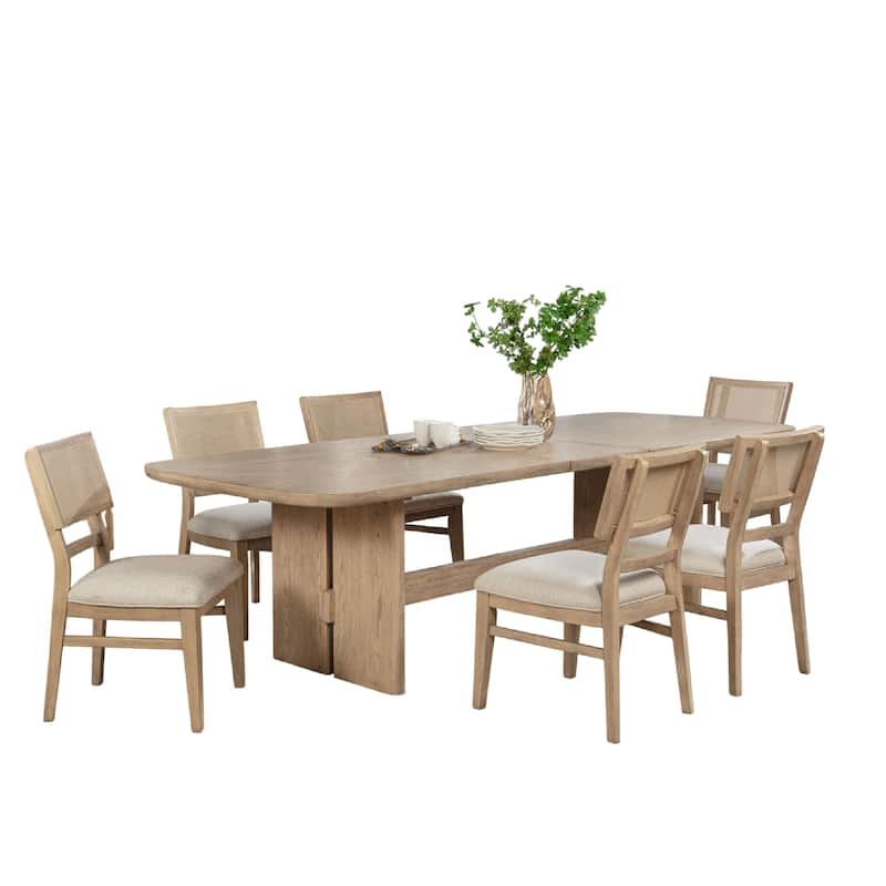 Lno 7 Piece Rectangular Dining Table Set, 6 Chairs, Beige Hardwood
