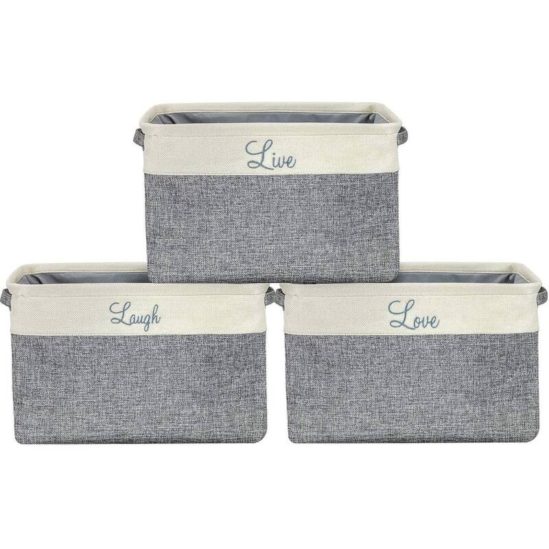 Storage Basket Set Fabric Collapsible Organizer Bins w/ Carry Handles - Gray - Script Text
