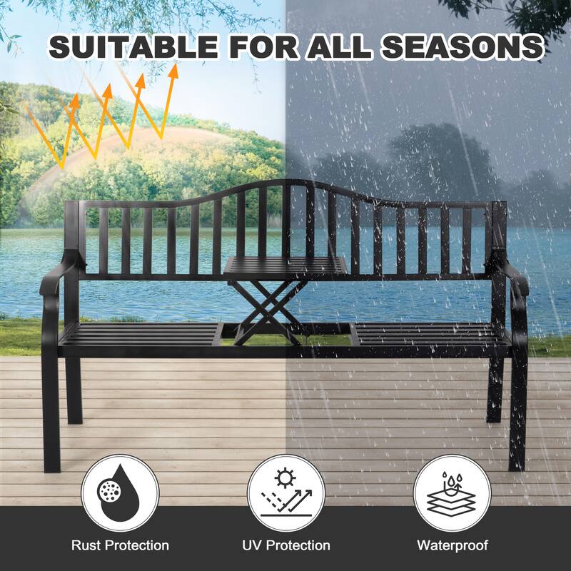 E-Coated Metal Frame Outdoor Bench with Backrest and a Built-In Small Table, Black