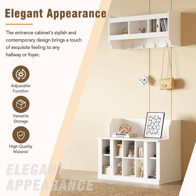 Shoe Storage Bench with Shelves & 4 Hooks - Wall Mounted Hall Tree