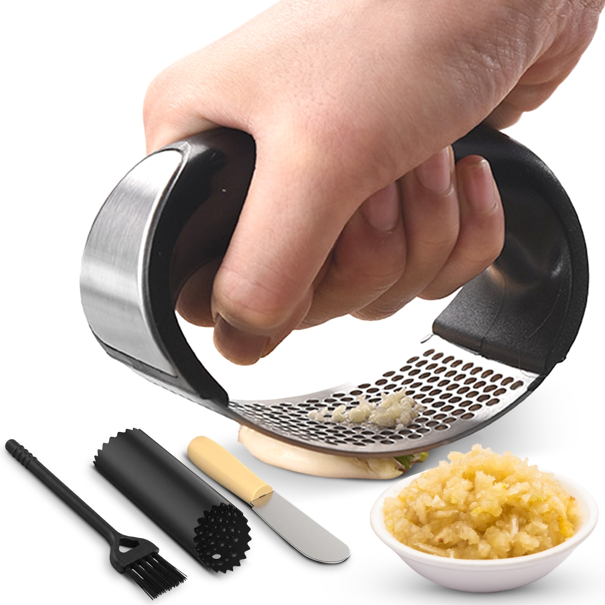 Cheer Collection Stainless Steel Garlic Press Rocker Set with Peeler Scraper and Cleaning Brush Black