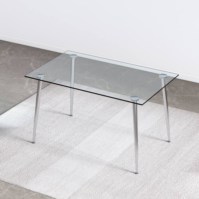 Modern Minimalist Rectangular Glass Dining Table for 4-6 with 0.31" Tempered Glass Tabletop and Silver plating Metal Legs
