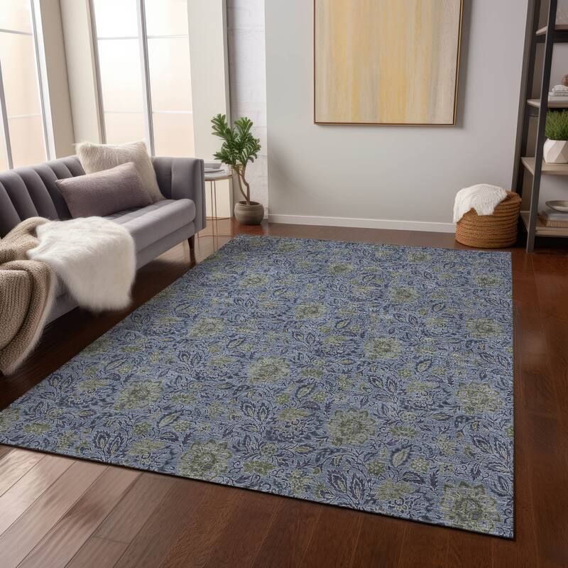 Machine Washable Indoor/ Outdoor Chantille Casual Floral Rug - Denim - 3' x 5'