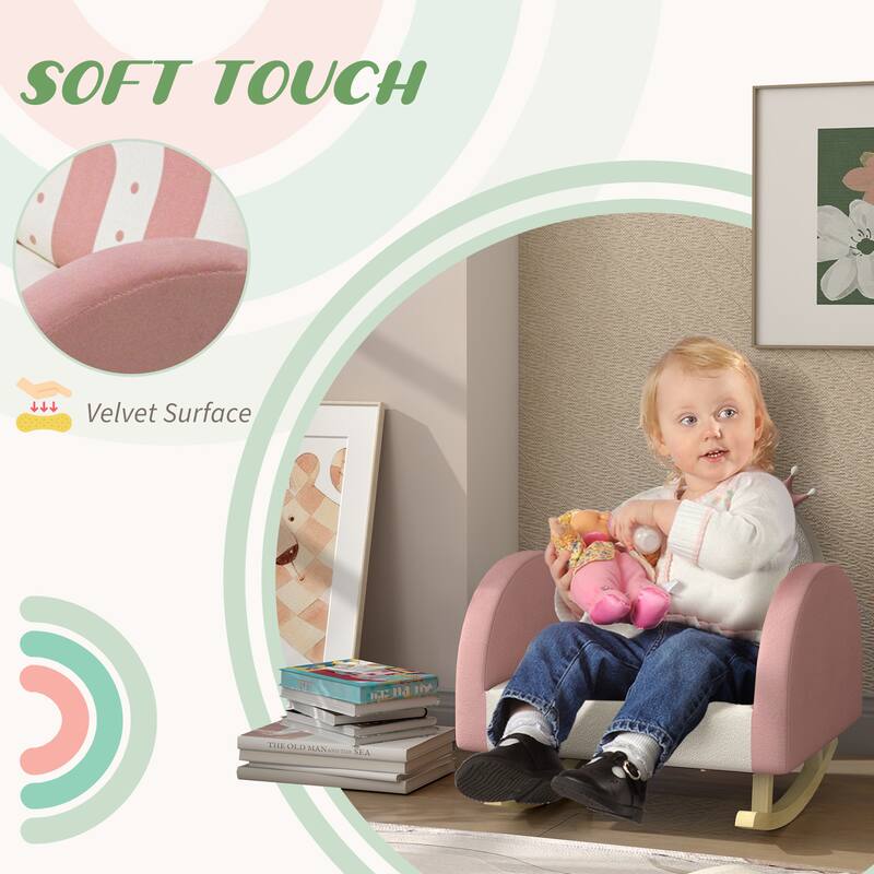 Pink Toddler Rocking Chair with Velvet Seat and Rainbow Pattern Crown Decoration for Bedrooms or Playroom