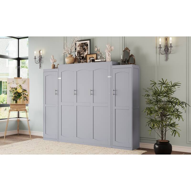 Murphy Bed, Wooden Wall Bed with 2 Wardrobe and Storage Shelf