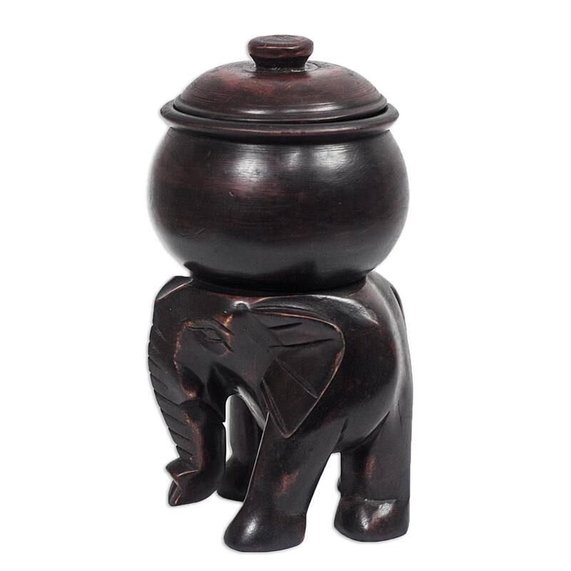 Novica Handmade Elephants Cargo Wood Decorative Jar