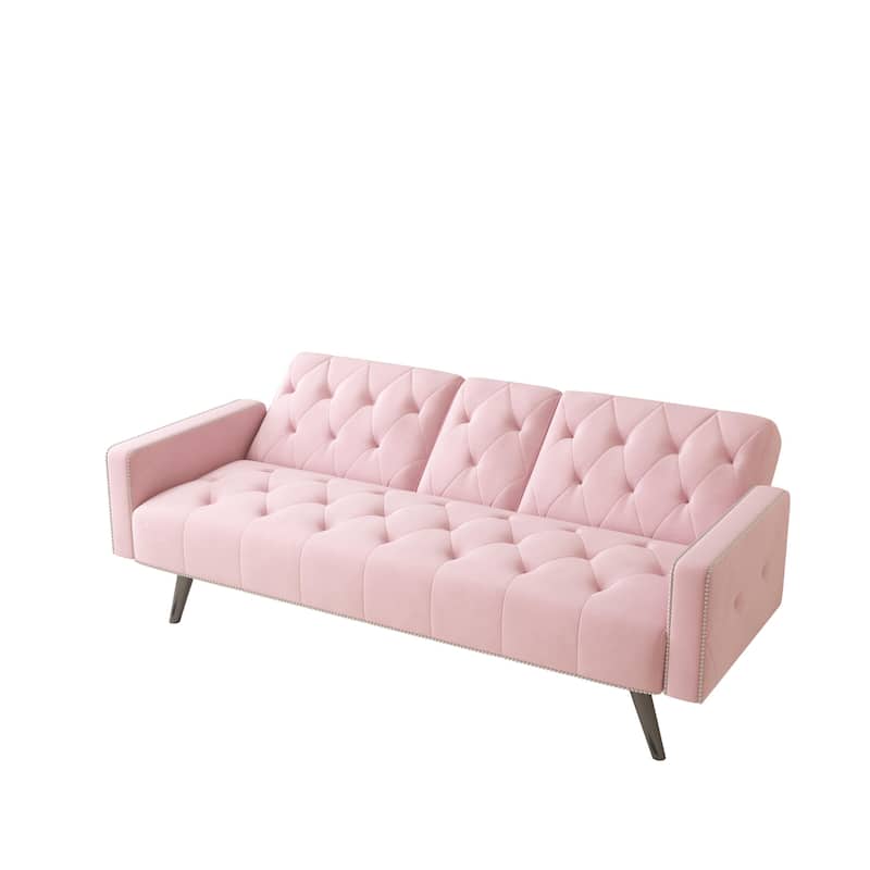 1730 Sofa Bed Armrest with Nail Head Trim with Two Cup Holders 72" Pink Velvet Sofa for Small Spaces