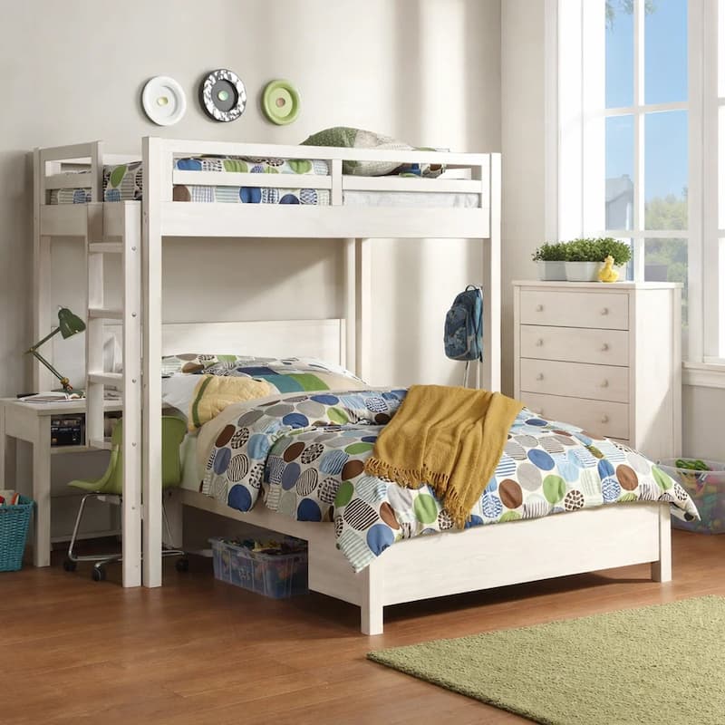 Transitional Style Twin Loft Bed, Fixed Ladder, Weathered White - Weathered White - Queen
