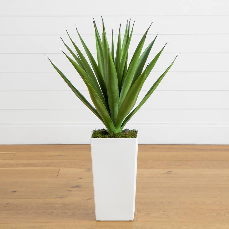 27-in UV Resistant Artificial Agave Plant in White Tower Planter