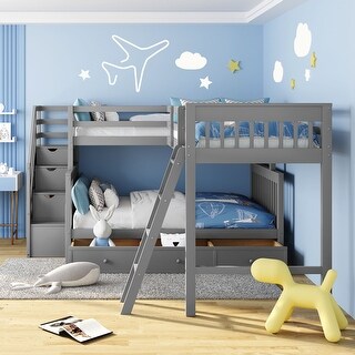 Twin over Full Bunk Bed With 3 Drawers, L-Shaped Bed with Ladder, Wooden Bed with Storage Staircase for Bedroom, Gray