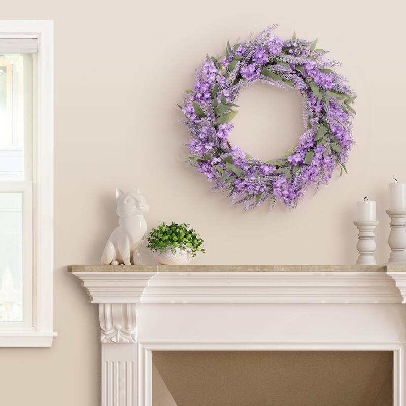 30" Artificial Lavender Floral Spring Wreath With Green Leaves