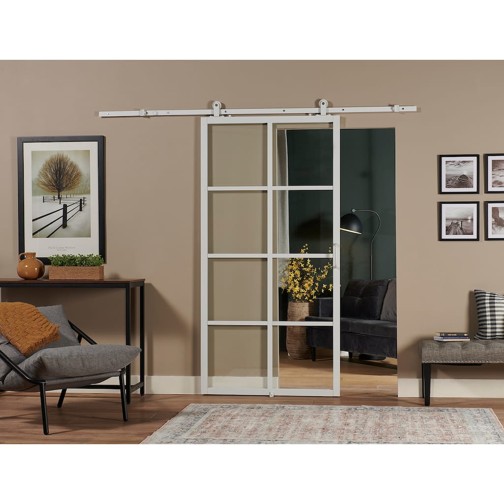 Pinecroft French Glass Barn Door Kit with White Frame and Clear Glass 42" x 84"