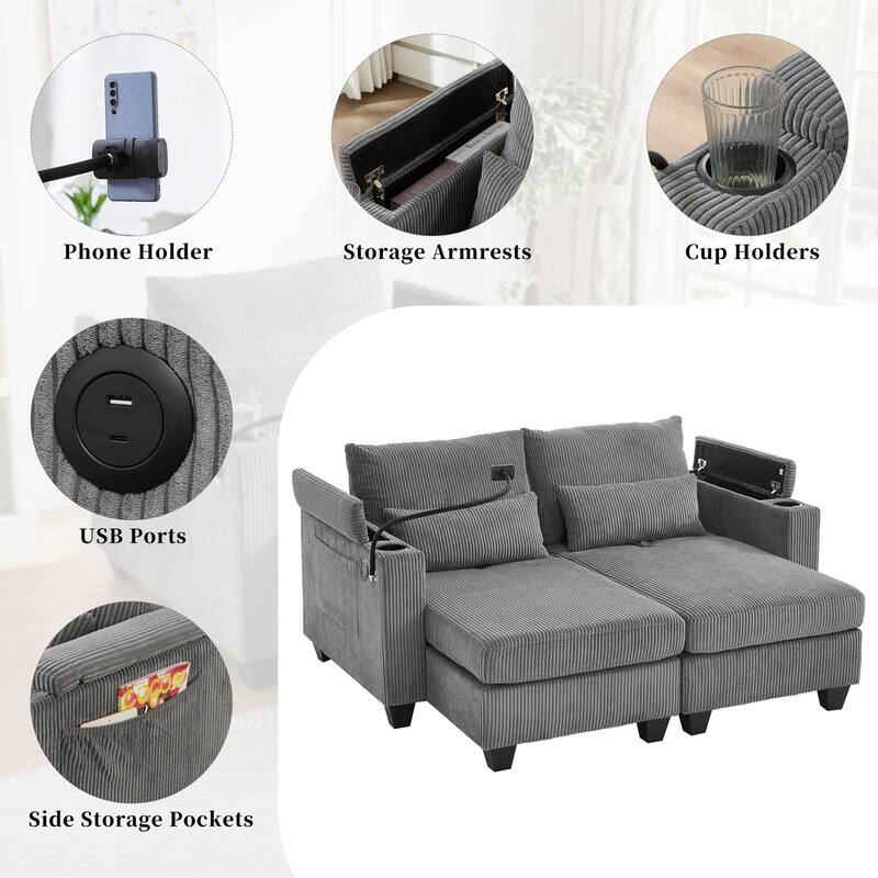 63" Corduroy Convertible Chaise Lounge with USB Ports, Phone Holder, and Storage