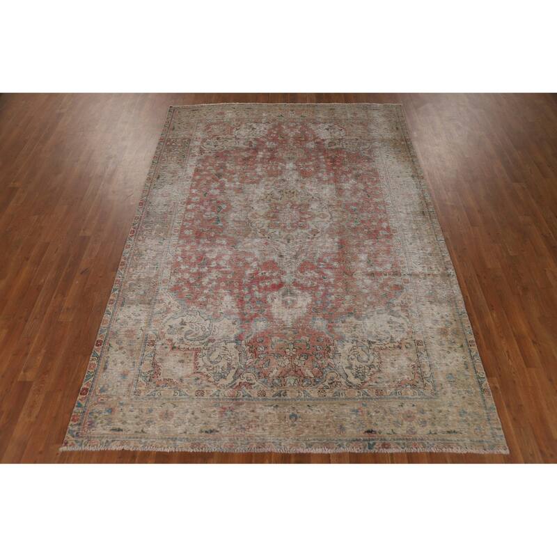 Distressed Tabriz Persian Vintage Rug Handmade Wool Carpet - 6'6" x 9'6"