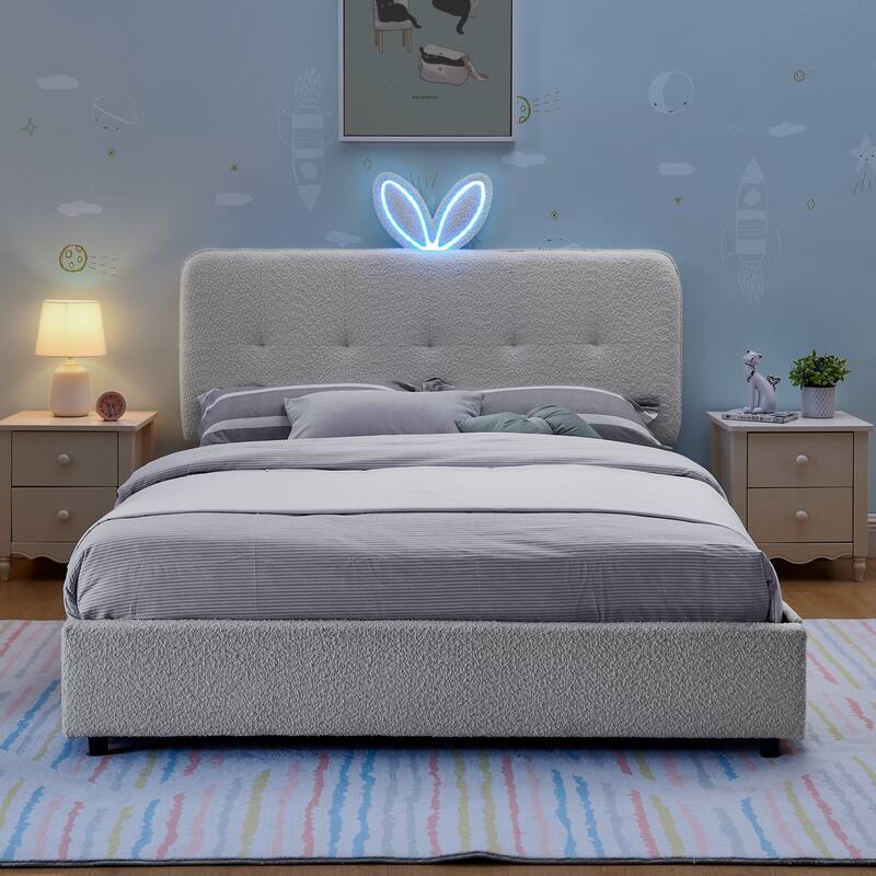 Kids Boucle Upholstered Bed with Rabbit Ear Headboard, LED Music Sync & 4 Drawers