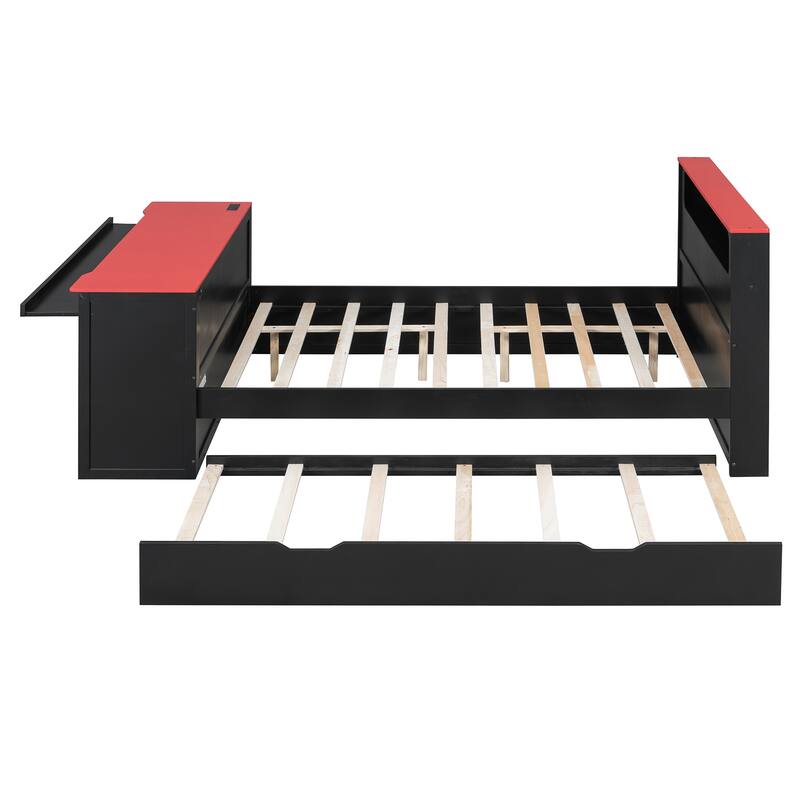 Wood Daybed with Trundle & Built-in Desk, LED Lights & USB Charging Port, Available in Full or Twin