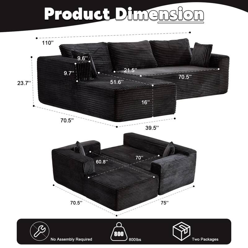 Boneless L-shaped Sectional Sofa with Chaise, Modular Sleeper Sofa Bed Corduroy Compression Deep Seat Sectional Couch
