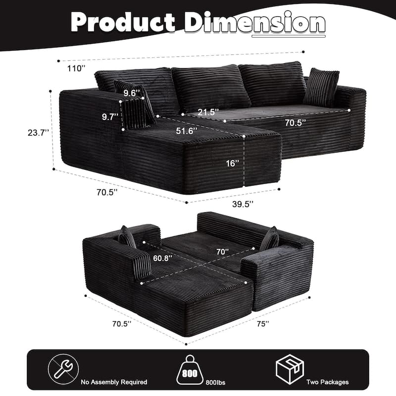 Modular L Shaped Sectional Sofa with Chaise Lounge, Corduroy Upholstered Boneless Sleeper Sofa, Compression Sofa with Deep Seat