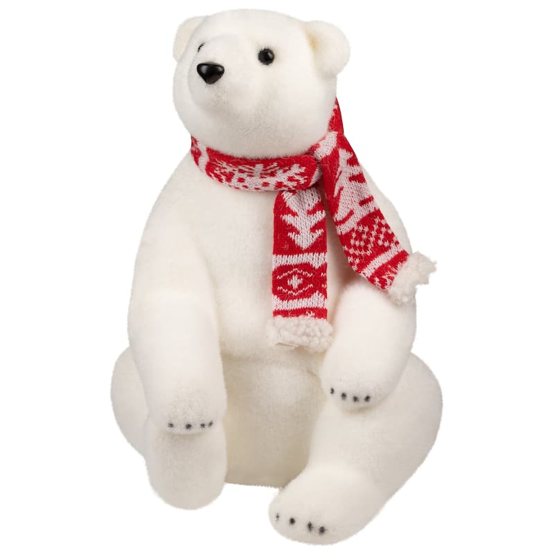 Sitting Polar Bear with Scarf Christmas Figure - 12.25" - White and Red