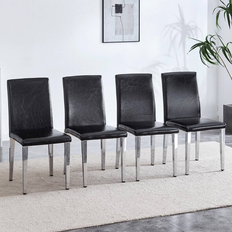 Modern Minimalist Dining Chair, PU Backrest Chair with Ergonomic Design and Silver Metal Legs, for Dining Room, 4-Piece Set