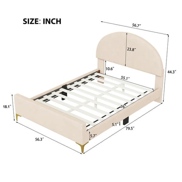 dimension image slide 1 of 6, Twin/Full Size Velvet Bed Frame with Classic Semi-circle Shaped Headboard, Upholstered Platform Bed w/ Metal Legs for Kids Teens