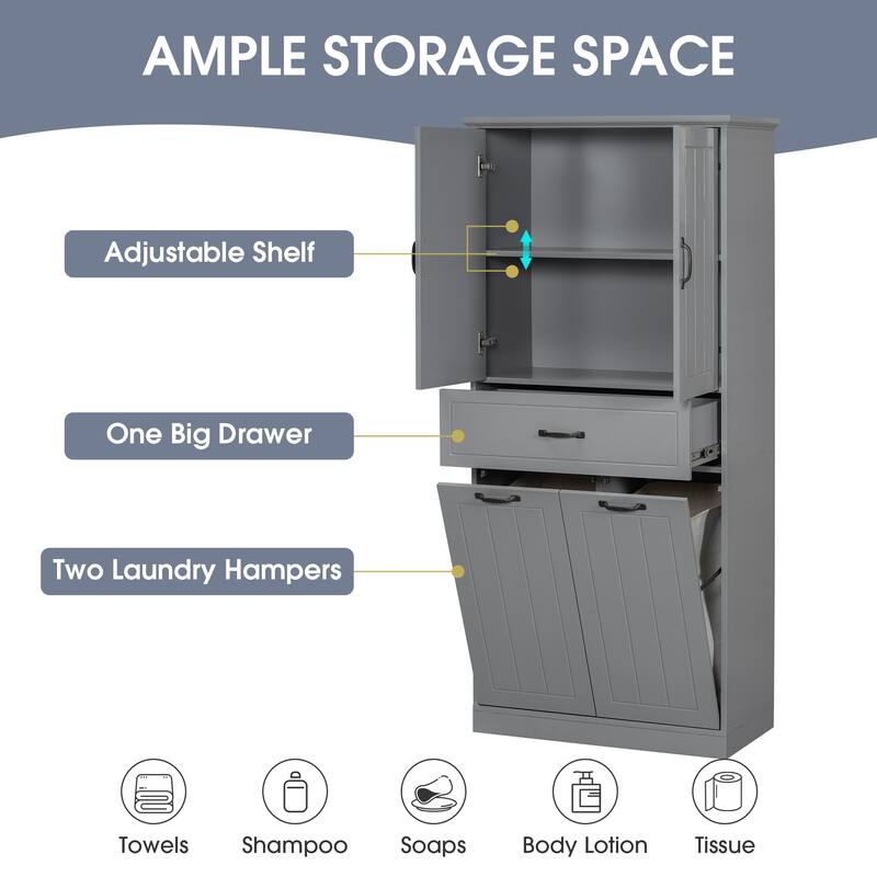 Bathroom Storage Cabinet with Two Laundry Baskets, Storage Cabinet with Doors and Drawer for Home