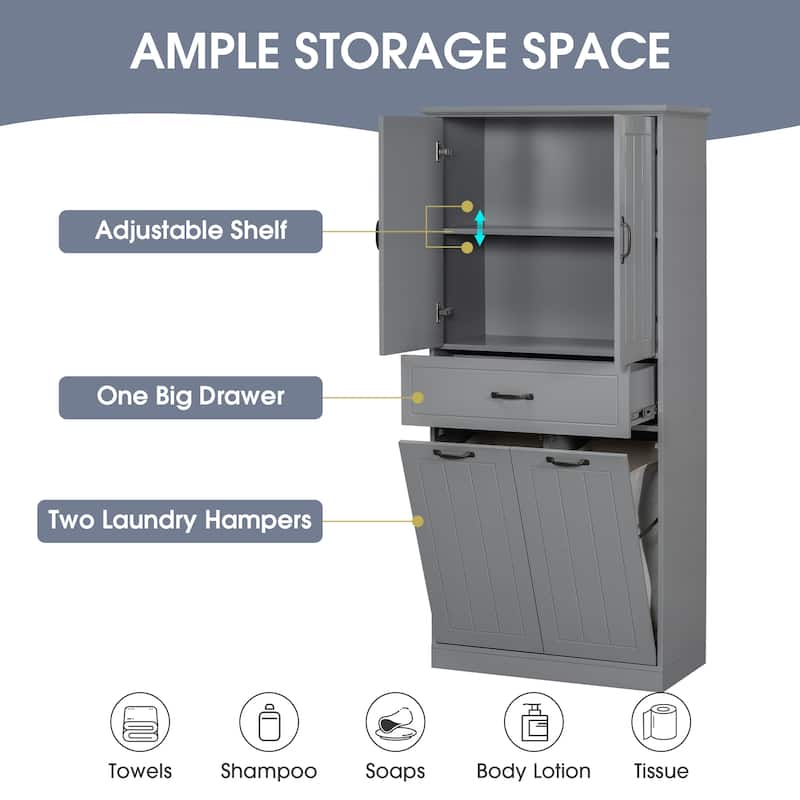Roomfitters Bathroom Storage Cabinet with Double Laundry Hampers, Doors and Drawer Organizer