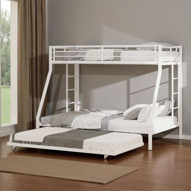 Full Size Metal Bunk Bed with Ladder and Rolling Trundle, Square Tube Frame, Heavy-Duty Triple-Sleeper for Home or Dorm