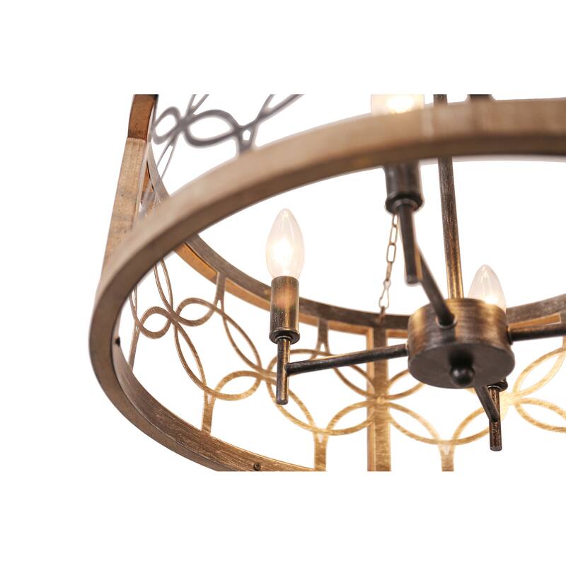 Bella Depot 4-Light Distressed Wood Wheel Chandelier Engraved Pattern Pendant Light with Adjustable Chain