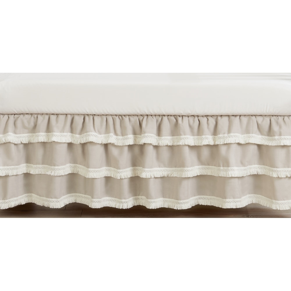 Boho Bohemian Boy Girl Tiered Ruffled Crib Bed Skirt - Solid Taupe Beige Ivory Cream Linen Farmhouse Shabby Chic Neutral Unisex