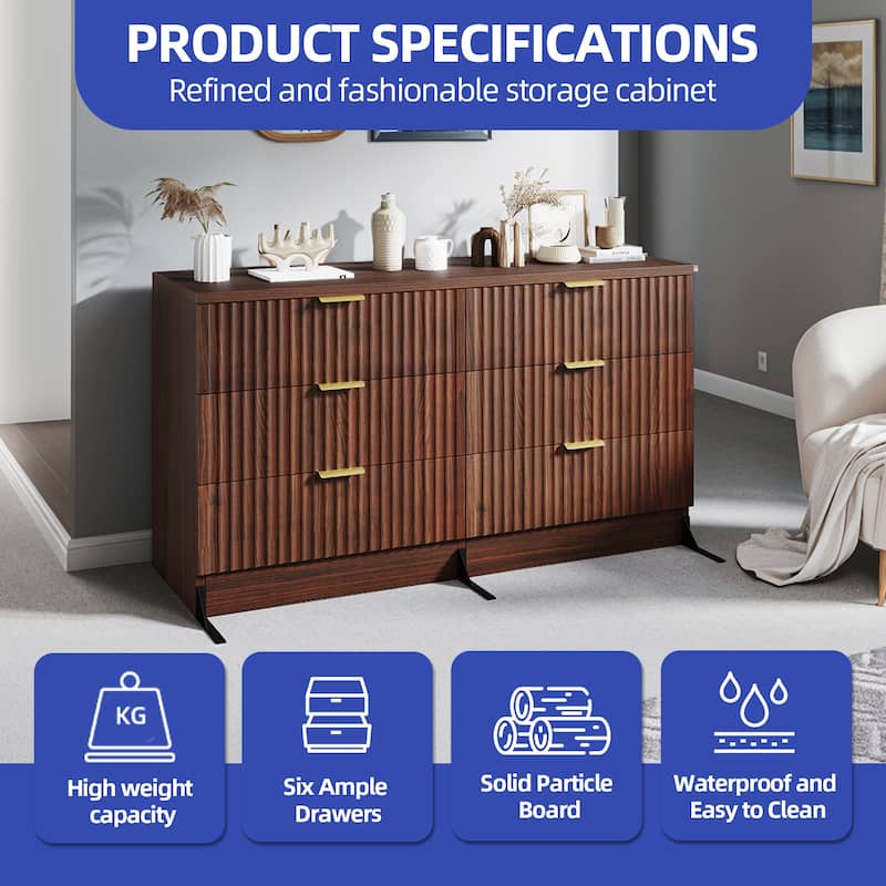 Moasis 6-drawer Dresser Double Chest of Drawer Dresser with Fluted Panel