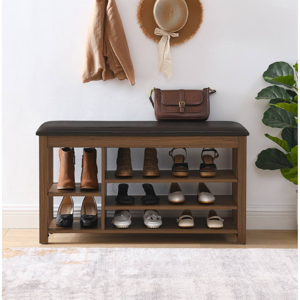 A height-adjustable long shoe-changing bench with seat,concealed storage space and large storage compartments,, natural wood