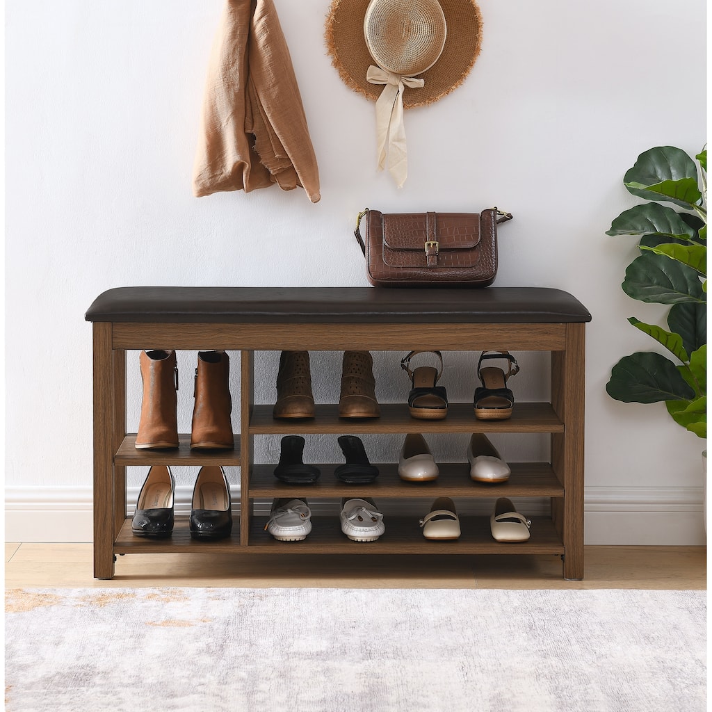 Height-Adjustable Rubberwood Shoe Bench with Storage & Seat