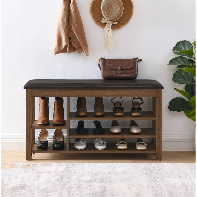 Height-Adjustable Rubberwood Shoe Bench with Storage - Vintage Style Entryway Organizer - Brown