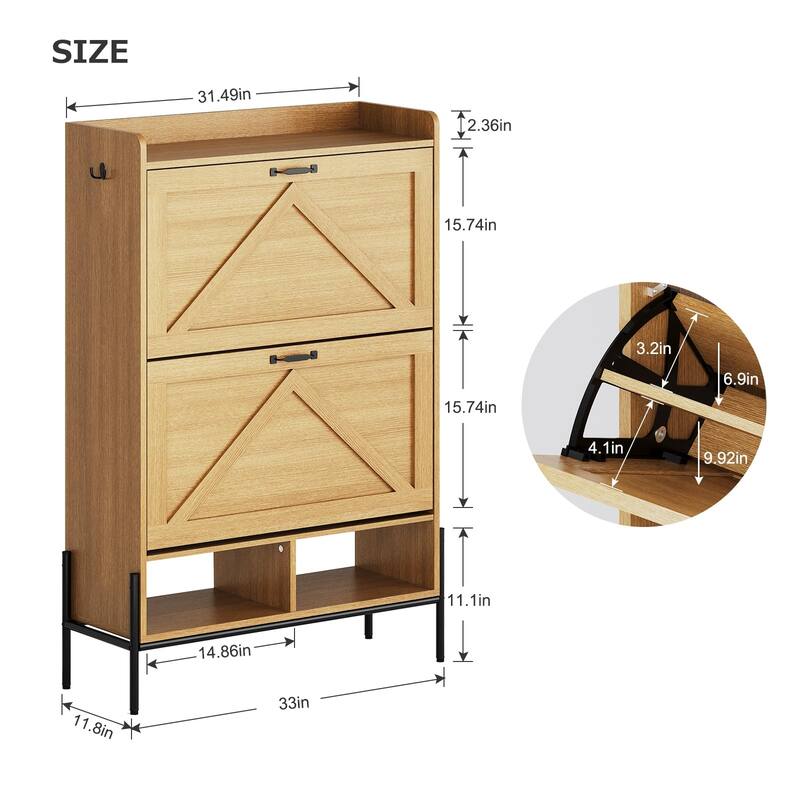Shoe Cabinet with 2 Flip-Up Drawers, Hidden Shoe Storage Cabinet with Open Storage for Entryway, Hallway, Bedroom