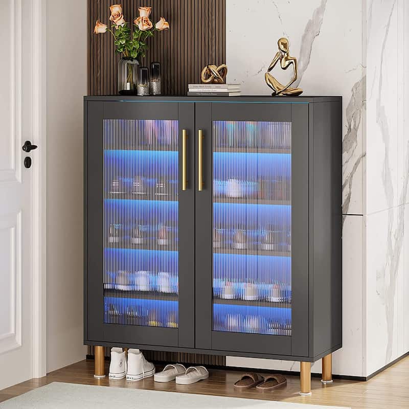 5-Tier Wood Shoe Rack with Acrylic Doors and LED Light for Entryway