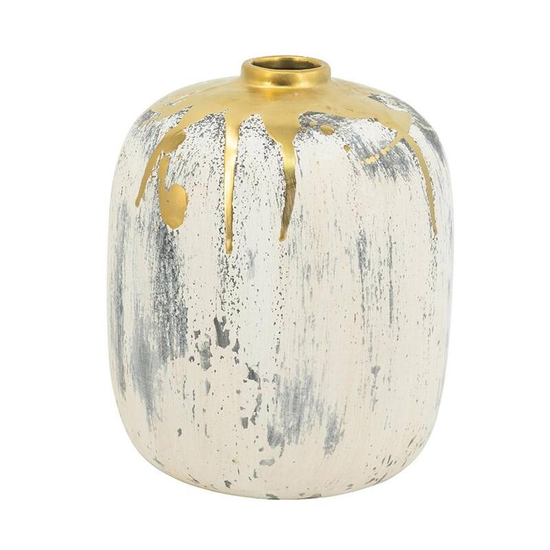 8" Gray Ivory And Gold Modern Abstract Ceramic Table Vase - 6.30