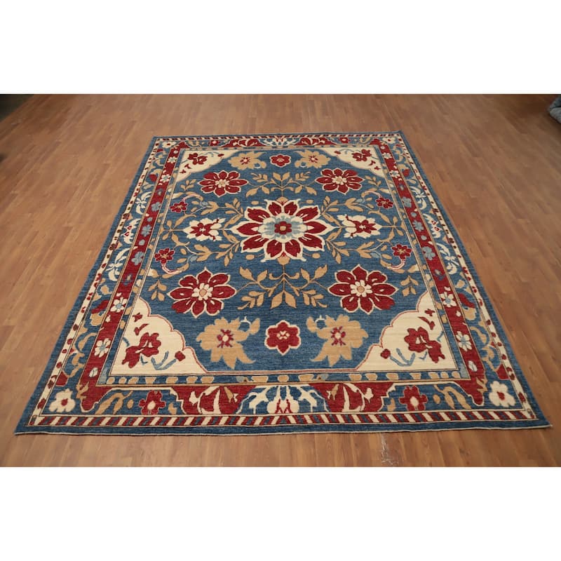 Hand Knotted Oriental 100% Wool Carpet Transitional Floral Navy Blue & Blues Oushak Area Rug - 10' 8'' X 8' 5''