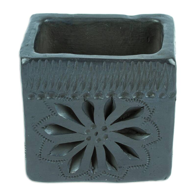 Novica Handmade Square & Flower Barro Negro Mini Flower Pot