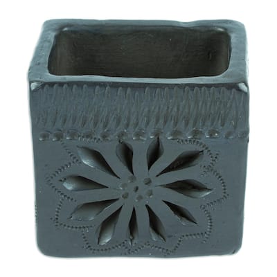 Novica Handmade Square & Flower Barro Negro Mini Flower Pot