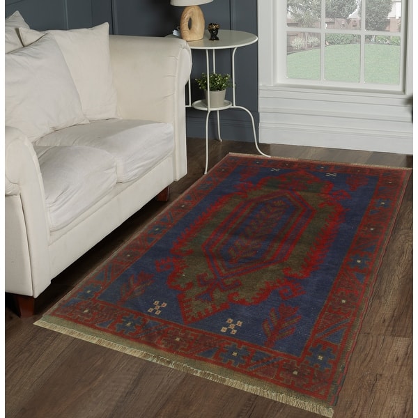 slide 2 of 10, Vintage Distressed Ivory Navy/Red Rug - 2'10" x 4'5"