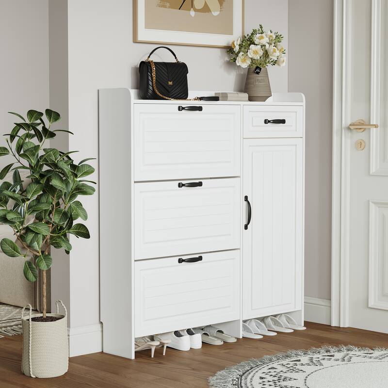 Shoe Cabinet with 4 Doors & 1 Drawer, Large Storage Entryway Organizer, Narrow Shoe Rack with Adjustable Shelves