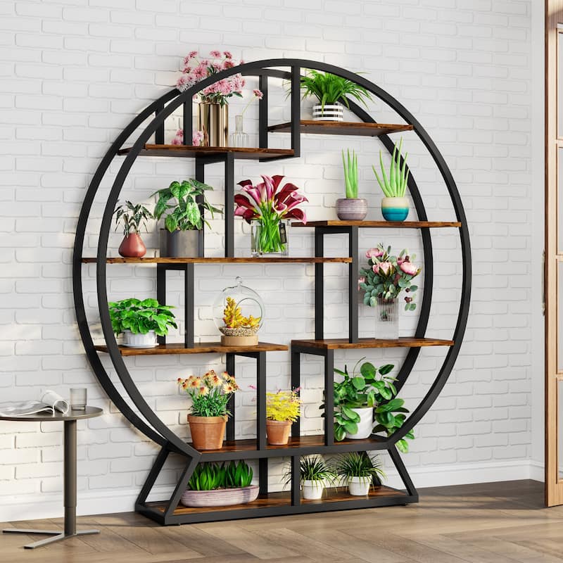 Industrial Round Plant Stand, 63 Inch Plant Shelf Holder, Multipurpose Flower Pot Stands with 8 Shelves