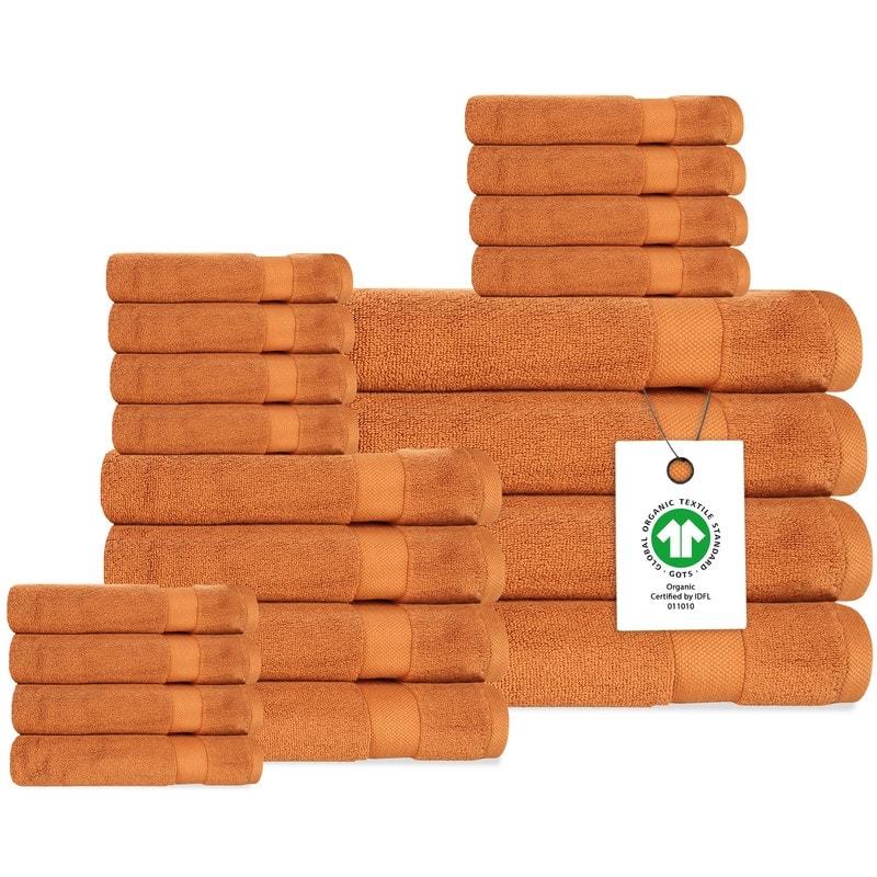 Delara Organic Cotton Luxuriously Plush Bath Towel 20 Piece Set |GOTS & OEKO-TEX Certified |650 GSM Long Staple|Soft & Quick Dry - GOTS & OEKO-TEX Certified |650 GSM Long Staple|Soft & Quick Dry|Burnt Caramel