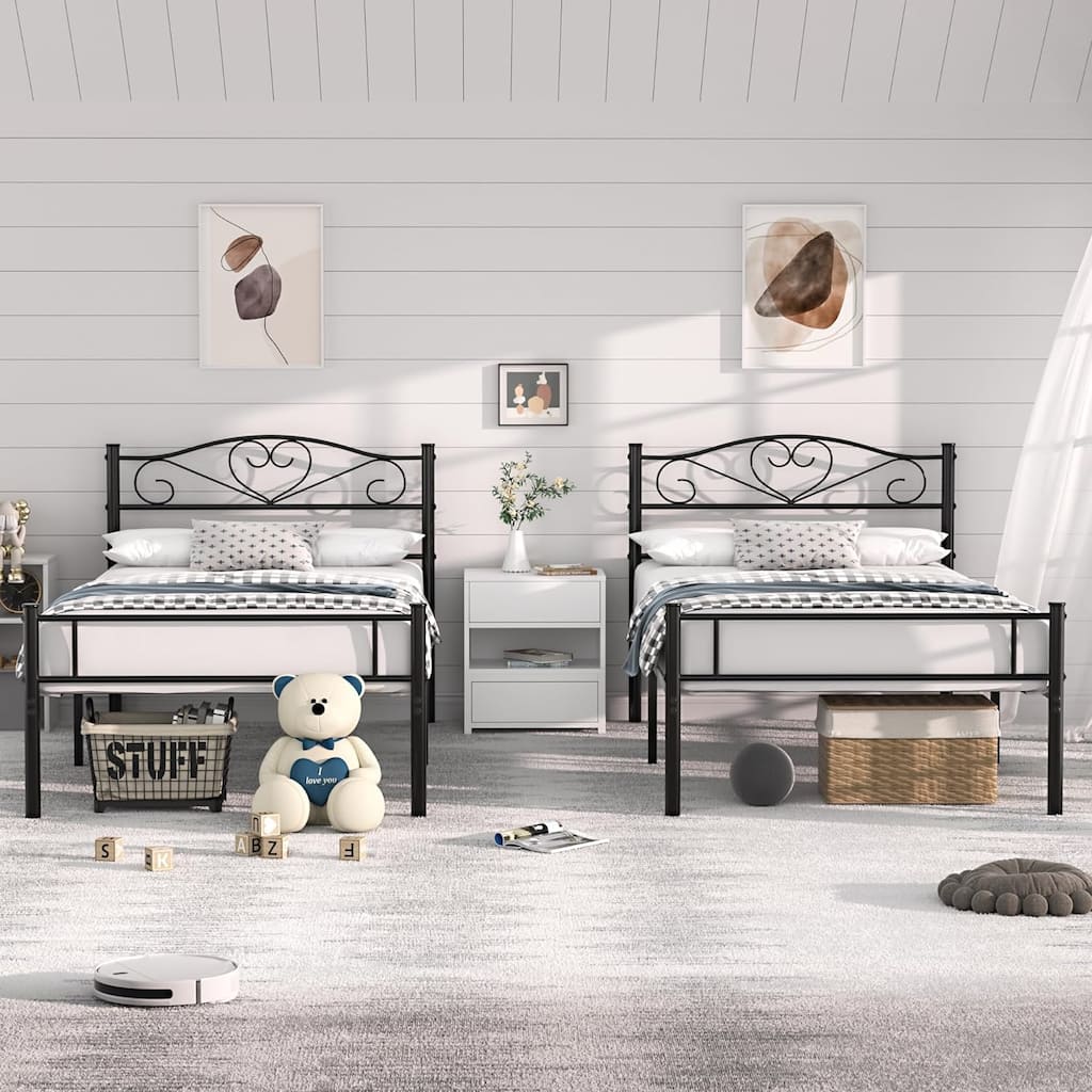 VECELO Twin Size Metal Bed Frame Set of 2 Victorian Style Kids Beds with Heart Pattern Headboard No Box Spring Needed